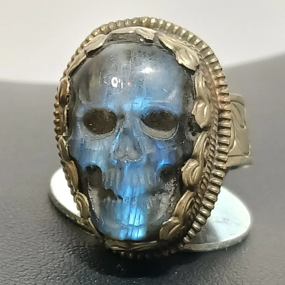 Large Tibetan Silver Labradorite Blue Skull Ring Size 11 " Adjustable - Picture 4 of 14